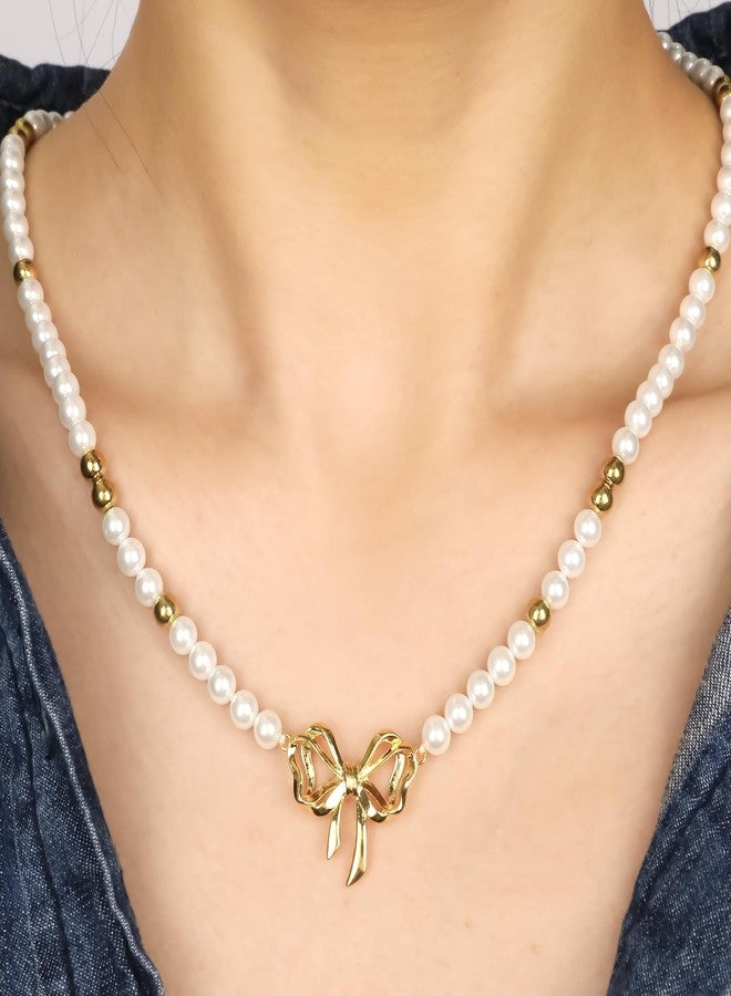 MOONWALTZ Pearl Choker Necklace for Women 14K Gold Plated Bow Necklace Elegant Bowknot Charm Pearl Necklace Gold Ball Beaded Bow Knot Ribbon Choker Necklace Summer Trendy Y2K Party Jewelry Gift for Women - Image 4